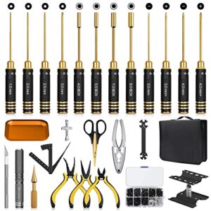 rc car hobby tool kit: screwdriver set (hex nut slot phillips), pliers, wrench, stand, body reamer, 26 pcs repair tools for rc drone helicopter airplane compatible with traxxas arrma rc cars