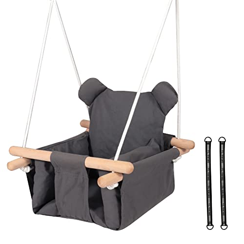 RedSwing Canvas Baby Swing, Wooden Hanging Swing Seat Chair Indoor Outdoor, Toddler Swing Seat with Safety Belt, Baby Hammock Swing for Backyard, Dark Gray