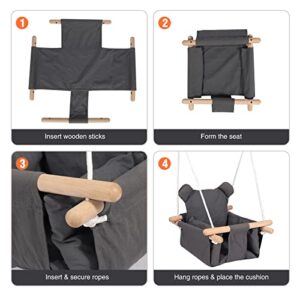 RedSwing Canvas Baby Swing, Wooden Hanging Swing Seat Chair Indoor Outdoor, Toddler Swing Seat with Safety Belt, Baby Hammock Swing for Backyard, Dark Gray