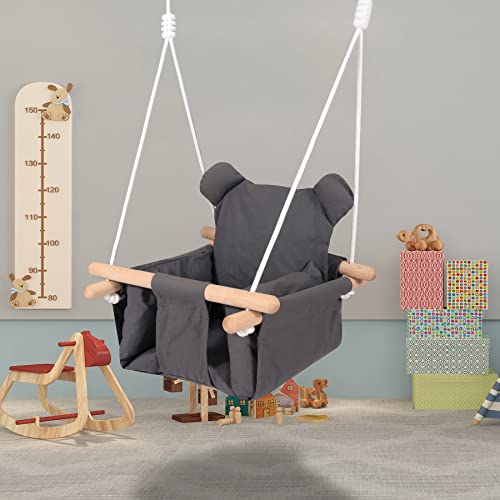 RedSwing Canvas Baby Swing, Wooden Hanging Swing Seat Chair Indoor Outdoor, Toddler Swing Seat with Safety Belt, Baby Hammock Swing for Backyard, Dark Gray