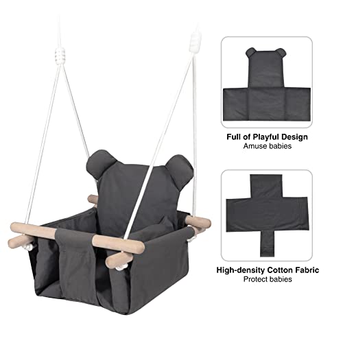 RedSwing Canvas Baby Swing, Wooden Hanging Swing Seat Chair Indoor Outdoor, Toddler Swing Seat with Safety Belt, Baby Hammock Swing for Backyard, Dark Gray