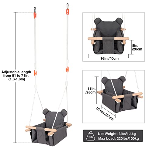 RedSwing Canvas Baby Swing, Wooden Hanging Swing Seat Chair Indoor Outdoor, Toddler Swing Seat with Safety Belt, Baby Hammock Swing for Backyard, Dark Gray