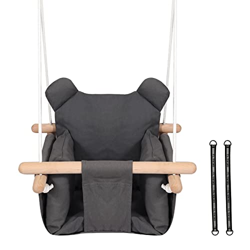 RedSwing Canvas Baby Swing, Wooden Hanging Swing Seat Chair Indoor Outdoor, Toddler Swing Seat with Safety Belt, Baby Hammock Swing for Backyard, Dark Gray