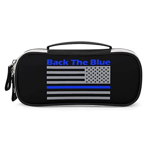 Back The Blue Police Line US Flag Pencil Pen Case Portable Pen Bag with Zip Travel Makeup Bag Stationery Organizers for Home Office