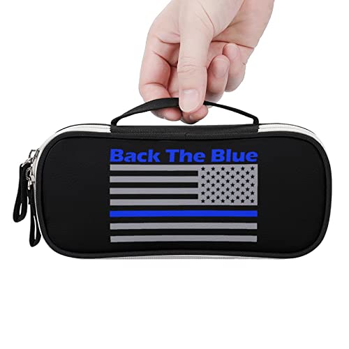 Back The Blue Police Line US Flag Pencil Pen Case Portable Pen Bag with Zip Travel Makeup Bag Stationery Organizers for Home Office