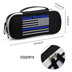 Back The Blue Police Line US Flag Pencil Pen Case Portable Pen Bag with Zip Travel Makeup Bag Stationery Organizers for Home Office