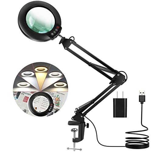 Veemagni 10X Magnifying Glass with Light, 5 Color Modes Stepless Dimmable, Adjustable Swing Arm LED Lighted Desk Lamp with Clamp, Hands Free Magnifier with Light and Stand for Craft Hobby Close Works