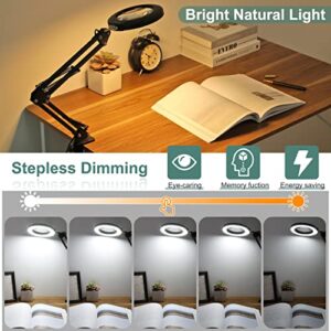 Veemagni 10X Magnifying Glass with Light, 5 Color Modes Stepless Dimmable, Adjustable Swing Arm LED Lighted Desk Lamp with Clamp, Hands Free Magnifier with Light and Stand for Craft Hobby Close Works