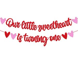 valentine’s 1st birthday banner our little sweetheart is turning one heart love romantic decorations for 1st one year old kids boy girl happy bday party supplies