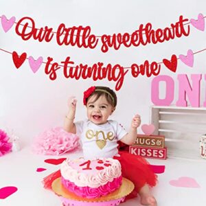 Valentine's 1st Birthday Banner Our Little Sweetheart is Turning One Heart Love Romantic Decorations for 1st One Year Old Kids Boy Girl Happy Bday Party Supplies