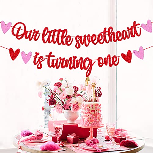 Valentine's 1st Birthday Banner Our Little Sweetheart is Turning One Heart Love Romantic Decorations for 1st One Year Old Kids Boy Girl Happy Bday Party Supplies