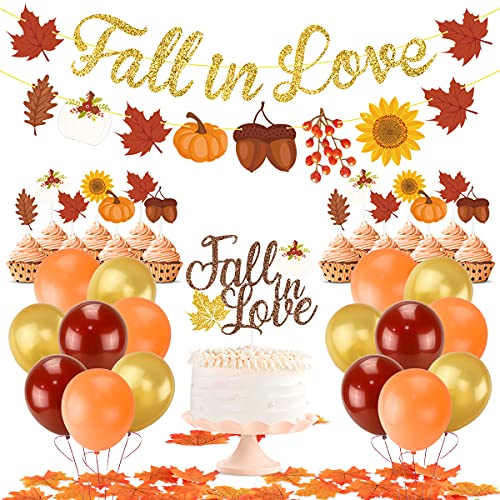 Autumn Bridal Shower Party Decorations, Fall in Love Banner Autumn Little Pumpkin Maple Leaves Acorn Party Cake Topper Balloon for Fall Theme Wedding Bachelorette Engagement Bride to be Valentines Day Party Supplies