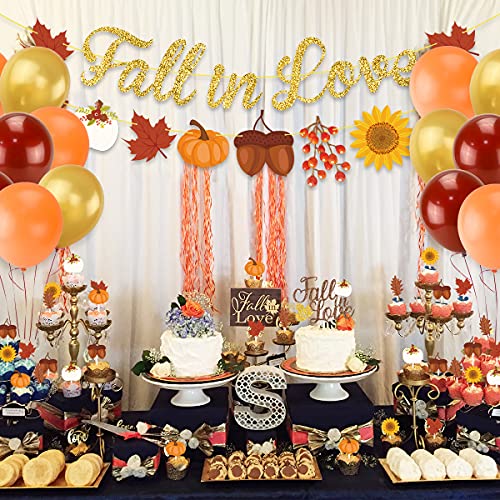 Autumn Bridal Shower Party Decorations, Fall in Love Banner Autumn Little Pumpkin Maple Leaves Acorn Party Cake Topper Balloon for Fall Theme Wedding Bachelorette Engagement Bride to be Valentines Day Party Supplies
