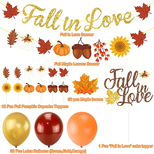 Autumn Bridal Shower Party Decorations, Fall in Love Banner Autumn Little Pumpkin Maple Leaves Acorn Party Cake Topper Balloon for Fall Theme Wedding Bachelorette Engagement Bride to be Valentines Day Party Supplies