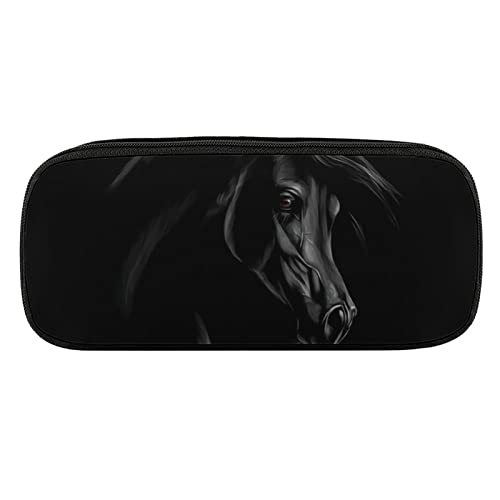 Black Arabian Horse Pencil Case PU Leather Pencil Pen Bag Large Capacity Pen Box Pencil Pouch Makeup Bag with Zip