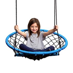 jumpoff jo – little jo’s web chair swing – 35 inch diameter indoor & outdoor round net swing for adults and kids ages 6+ – hang from swing set, porch, tree, or inside – 300 lbs capacity – blue