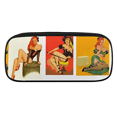 Pinup Girls Pencil Case PU Leather Pencil Pen Bag Large Capacity Pen Box Pencil Pouch Makeup Bag with Zip