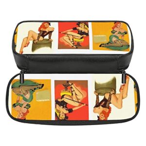 Pinup Girls Pencil Case PU Leather Pencil Pen Bag Large Capacity Pen Box Pencil Pouch Makeup Bag with Zip