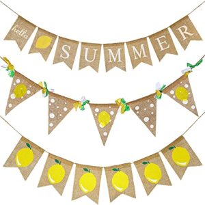 touman 3 pieces summer lemon burlap banner hello summer banner lemon themed banner flag garland summer lemon fruit party supply for birthday anniversary baby shower fireplace mantel decoration