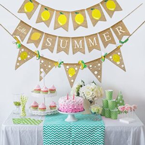 Touman 3 Pieces Summer Lemon Burlap Banner Hello Summer Banner Lemon Themed Banner Flag Garland Summer Lemon Fruit Party Supply for Birthday Anniversary Baby Shower Fireplace Mantel Decoration