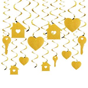 luxiocio housewarming party hanging swirls decorations, 24pcs new home party hanging swirl supplies, glitter gold house warming party sign decor