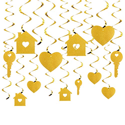 Luxiocio Housewarming Party Hanging Swirls Decorations, 24pcs New Home Party Hanging Swirl Supplies, Glitter Gold House Warming Party Sign Decor