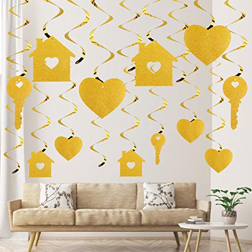 Luxiocio Housewarming Party Hanging Swirls Decorations, 24pcs New Home Party Hanging Swirl Supplies, Glitter Gold House Warming Party Sign Decor