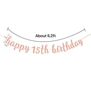 INNORU Glitter Happy 15th Birthday Banner - Cheers to 15 Years Funny Birthday Party Bunting Decorations Rose Gold