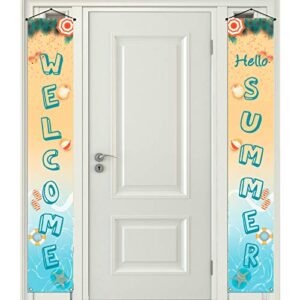 pudodo welcome hello summer porch banner beach themed sea palm leaves starfish seashell holiday party front door wall sign decoration