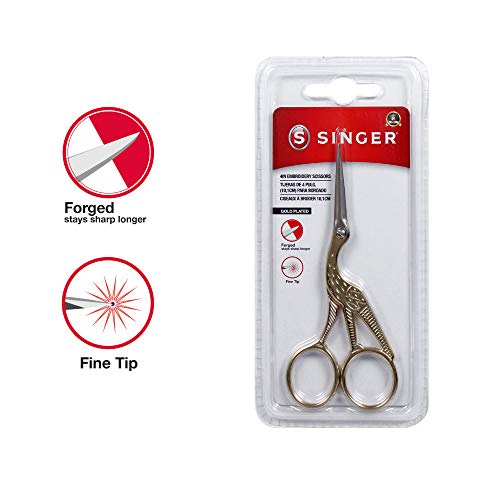 SINGER 4.5” Forged Embroidery Gold Plated, Stork Design Scissors, Titanium