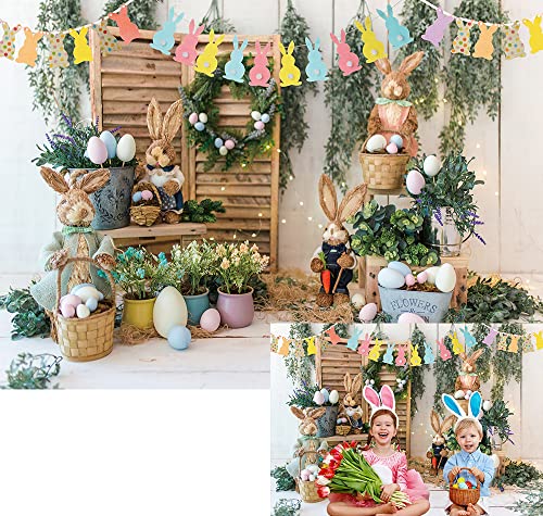 Easter Backdrop Rabbits Colorful Eggs Photography Background Spring Rustic Flower Stand Bunting Baby Shower Children Party Decoration Banner Photos Booth