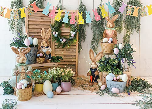 Easter Backdrop Rabbits Colorful Eggs Photography Background Spring Rustic Flower Stand Bunting Baby Shower Children Party Decoration Banner Photos Booth