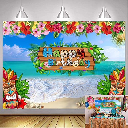 WONDERFUL MEMORIES Polyester Hawaiian Beach Birthday Party Backdrop 7x5ft for Luau Party Decorations Supplies Washable and Wrinkle-Free Tropical Banner Photography Background Blue