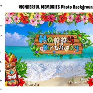 WONDERFUL MEMORIES Polyester Hawaiian Beach Birthday Party Backdrop 7x5ft for Luau Party Decorations Supplies Washable and Wrinkle-Free Tropical Banner Photography Background Blue