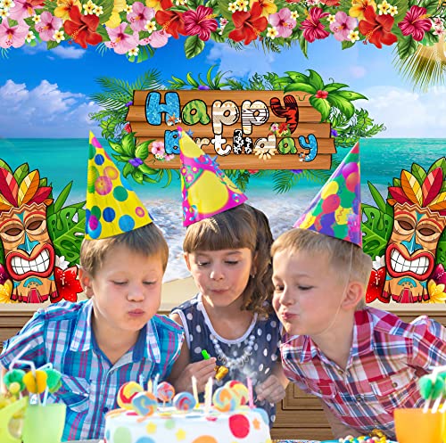 WONDERFUL MEMORIES Polyester Hawaiian Beach Birthday Party Backdrop 7x5ft for Luau Party Decorations Supplies Washable and Wrinkle-Free Tropical Banner Photography Background Blue