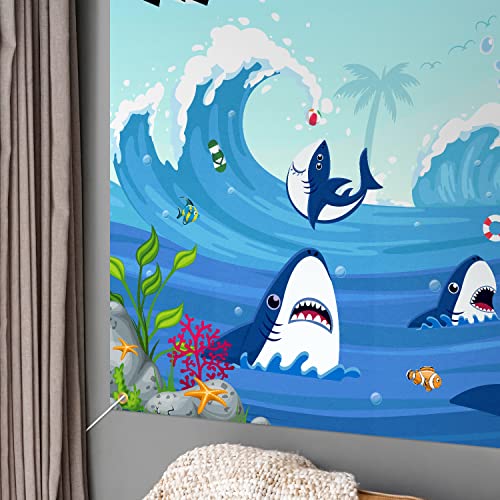 Shark Birthday Backdrop Banner Decor Blue - Under the Sea Shark Theme Happy Birthday Party Decorations for Boys Girls Supplies, 3.9 x 5.9 ft