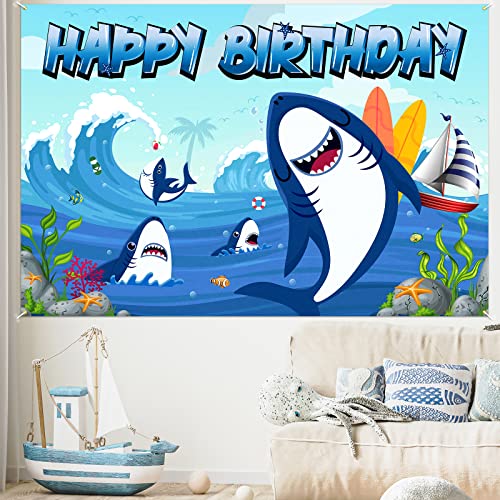 Shark Birthday Backdrop Banner Decor Blue - Under the Sea Shark Theme Happy Birthday Party Decorations for Boys Girls Supplies, 3.9 x 5.9 ft