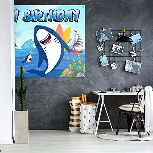 Shark Birthday Backdrop Banner Decor Blue - Under the Sea Shark Theme Happy Birthday Party Decorations for Boys Girls Supplies, 3.9 x 5.9 ft
