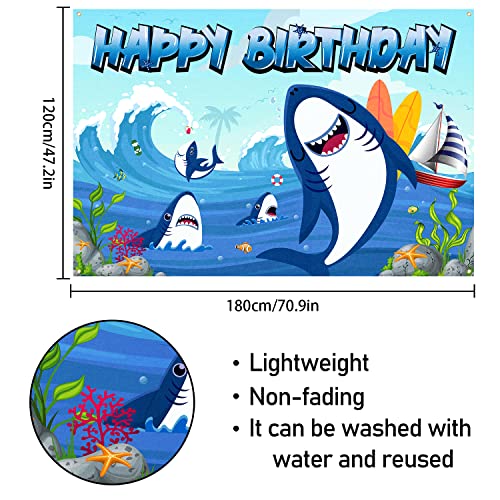 Shark Birthday Backdrop Banner Decor Blue - Under the Sea Shark Theme Happy Birthday Party Decorations for Boys Girls Supplies, 3.9 x 5.9 ft