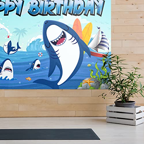 Shark Birthday Backdrop Banner Decor Blue - Under the Sea Shark Theme Happy Birthday Party Decorations for Boys Girls Supplies, 3.9 x 5.9 ft