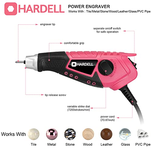 HARDELL 15W Engraver, 5 Speed Engraving Pen with 2 Stencils and 3 Tungsten Carbide Steel Bits, Handheld Etching Tool for Metal, Wood, Glass, DIY Crafting, Leather, PVC Pipe, Stone（Pink）