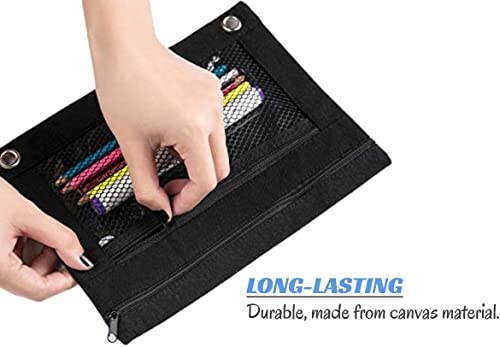 1InTheOffice Black Pencil Pouch, 3 Ring Binder Pencil Bag, Pencil Case with Double Pocket and Mesh Window, 4 Pack (Canvas Black)