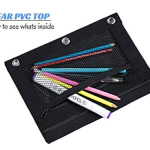 1InTheOffice Black Pencil Pouch, 3 Ring Binder Pencil Bag, Pencil Case with Double Pocket and Mesh Window, 4 Pack (Canvas Black)