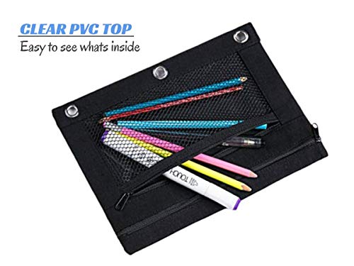 1InTheOffice Black Pencil Pouch, 3 Ring Binder Pencil Bag, Pencil Case with Double Pocket and Mesh Window, 4 Pack (Canvas Black)