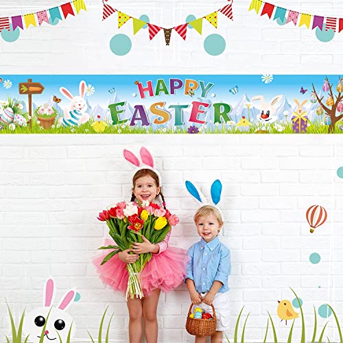 Long Happy Easter Backdrop Banner, Welcome Spring Easter Bunny Colorful Eggs Flower Themed Decoration Banner, Easter Party Supplies for Wall Home Indoor Outdoor Decoration(7.9 x 1.3ft)