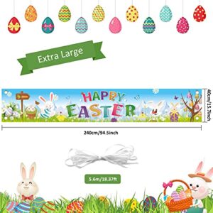 Long Happy Easter Backdrop Banner, Welcome Spring Easter Bunny Colorful Eggs Flower Themed Decoration Banner, Easter Party Supplies for Wall Home Indoor Outdoor Decoration(7.9 x 1.3ft)