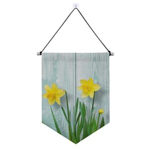 yellow daffodils flowers on turquoise wooden texture door decorations hanging sign welcome door banner wall decor holiday party supply for home school