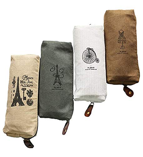 iToolai Canvas Pencil Case Retro Bag Zipper Effel Tower Travel Pouch for Back to School Student (Pack of 4, Paris)