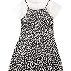 MakeMeChic Baby Girl's 2 Piece Outfits Solid Short Sleeve Tee Shirt Floral Cami Dress Set Black and White 110