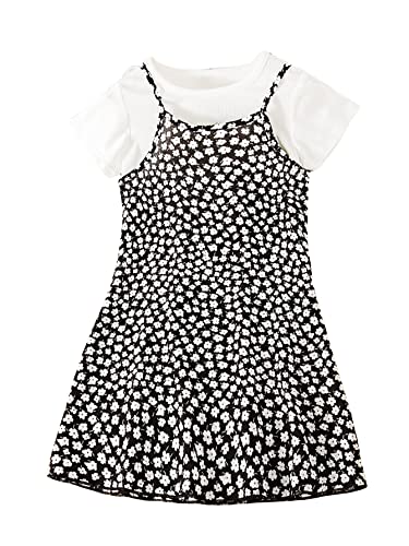 MakeMeChic Baby Girl's 2 Piece Outfits Solid Short Sleeve Tee Shirt Floral Cami Dress Set Black and White 110